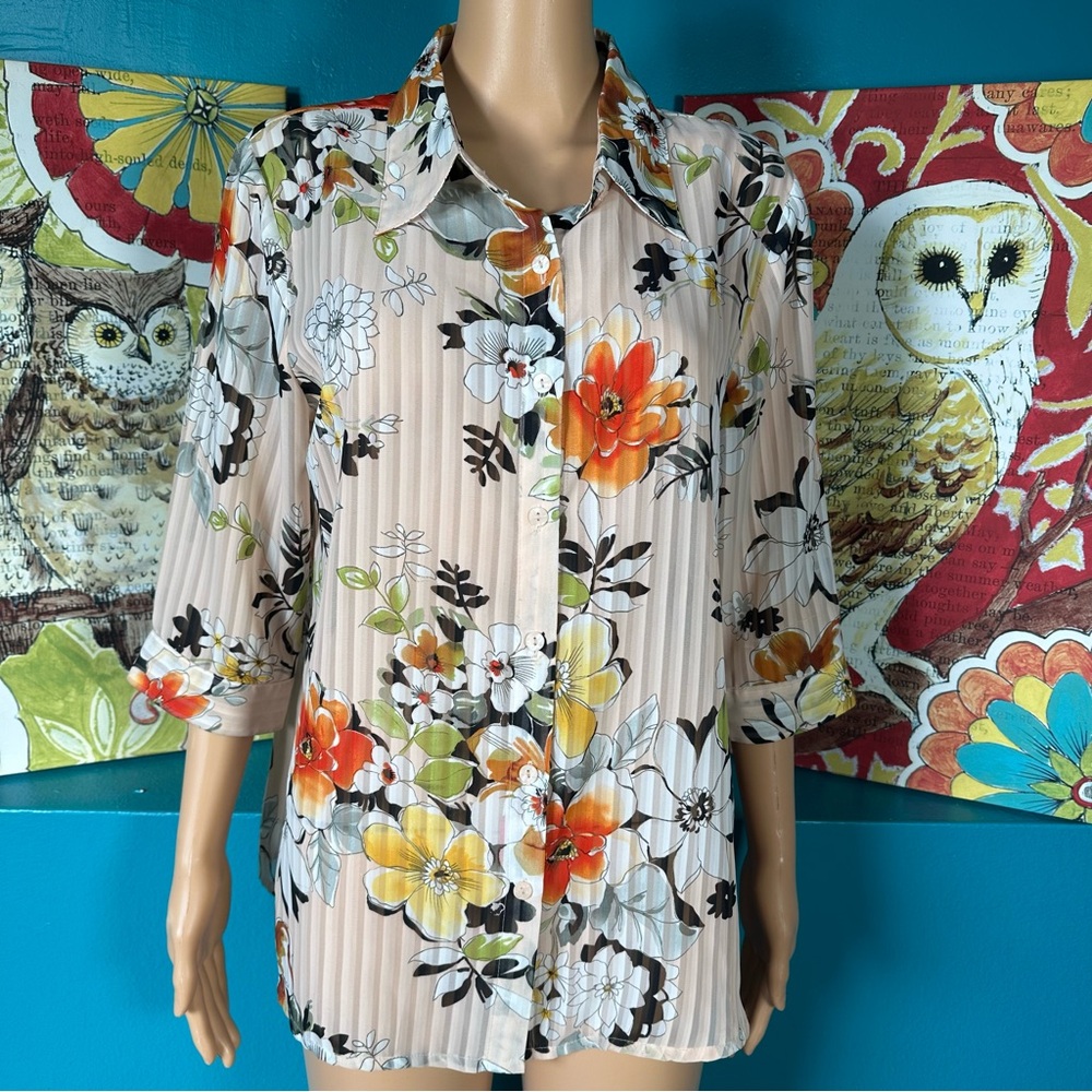 BonWorth Pink Floral Blouse XSP Button Front 3/4 Sleeve Lightweight Top